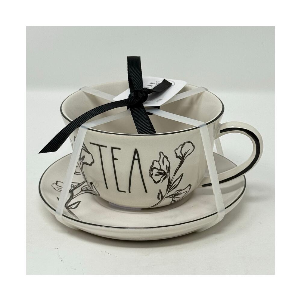 Rae Dunn TEA Teacup Saucer Set Floral NWT Gift Cottagecore Farmhouse